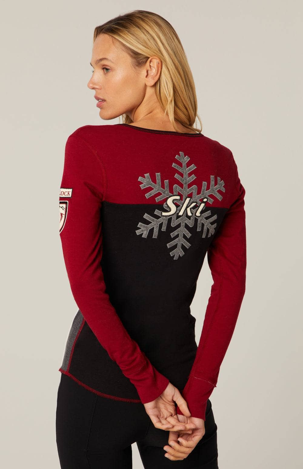 Anja Henley Shirt by Alp N Rock, Women's Black and Red Henley Shirt with Colorblock Details and Ski Patches