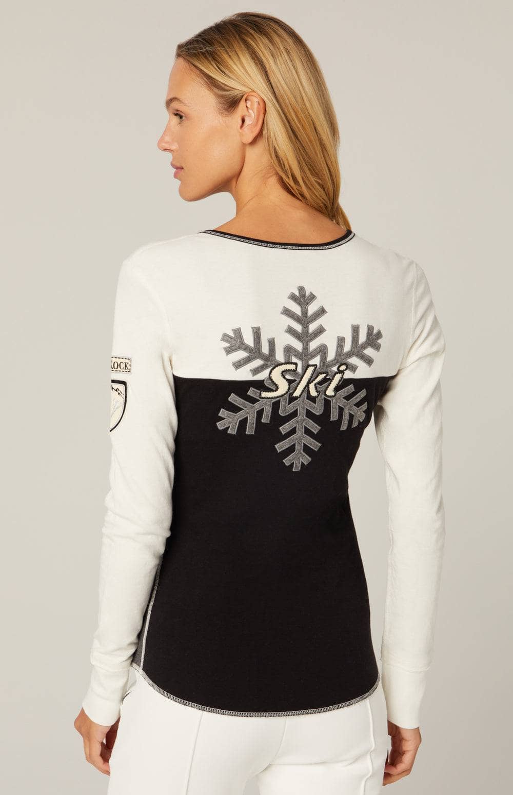 Anja Henley Shirt by Alp N Rock, Women's Black and White Henley Shirt with Colorblock Details and Ski Patches