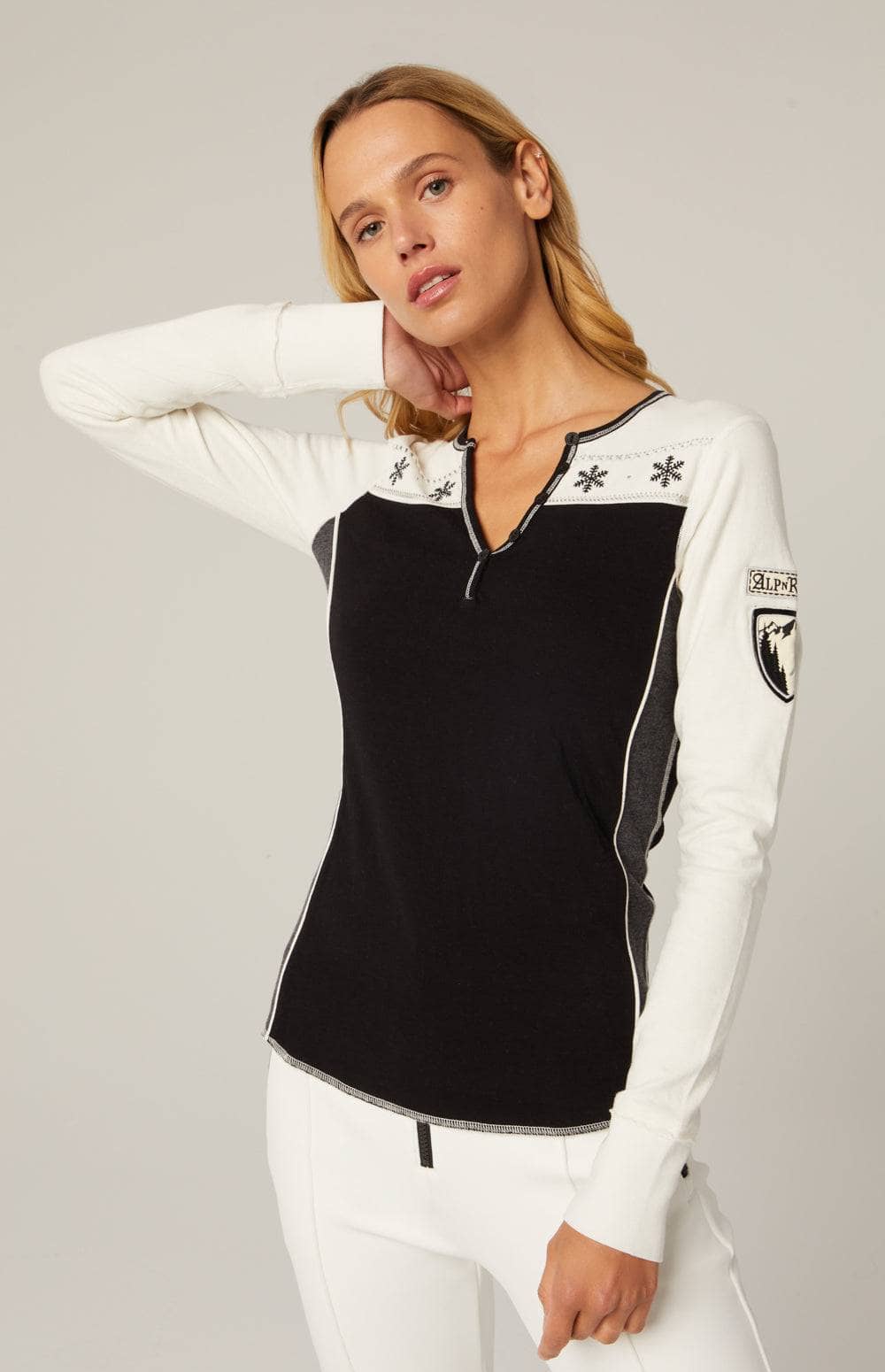 Anja Henley Shirt by Alp N Rock, Women's Black and White Henley Shirt with Colorblock Details and Ski Patches