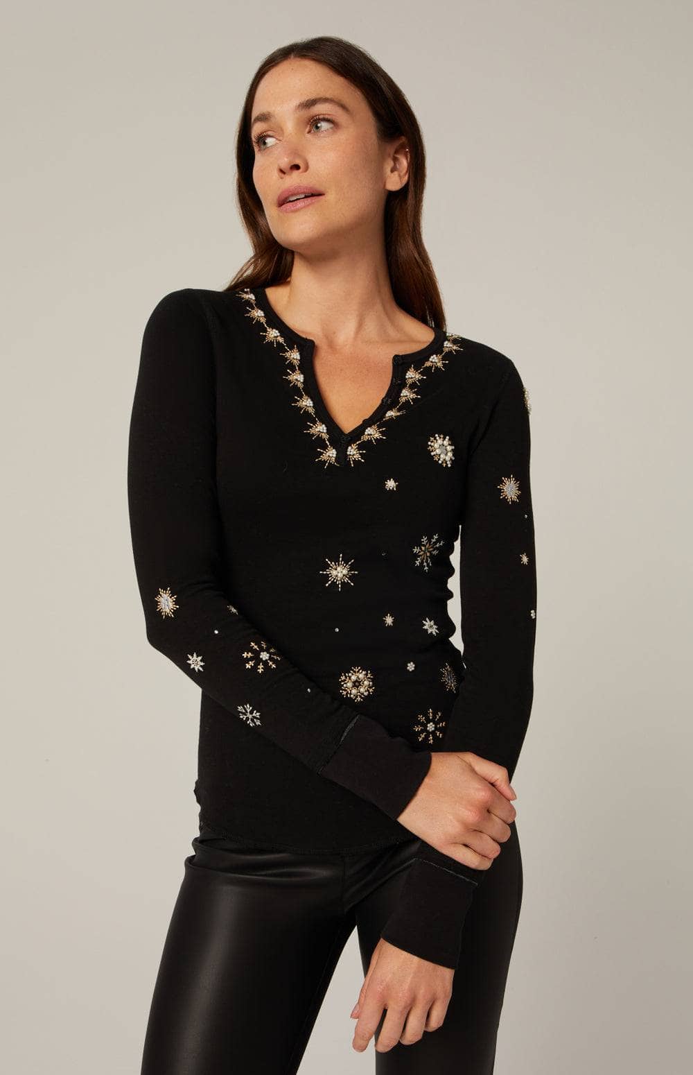 Annika Henley Shirt by Alp N Rock, Women's Black Ski Henley Shirt with Embroidered Snowflakes and Pearl Appliques