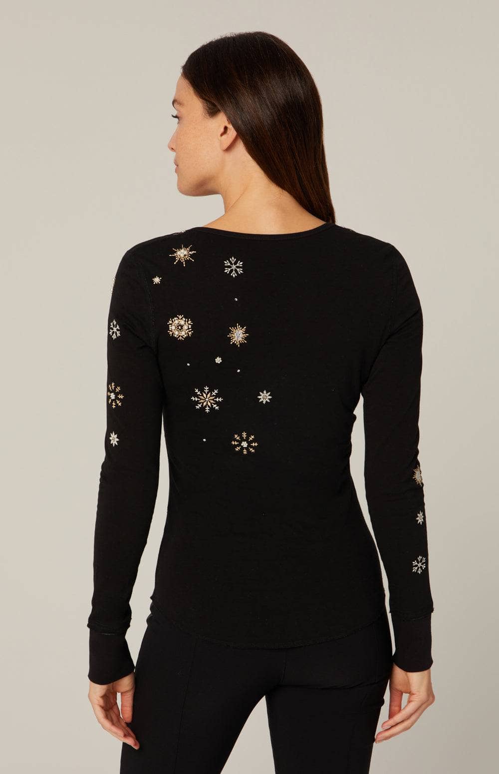 Annika Henley Shirt by Alp N Rock, Women's Black Ski Henley Shirt with Embroidered Snowflakes and Pearl Appliques