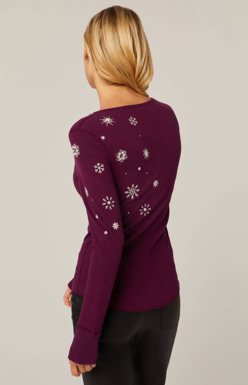 Annika Henley Shirt by Alp N Rock, Women's Purple Ski Henley Shirt with Embroidered Snowflakes and Pearl Appliques