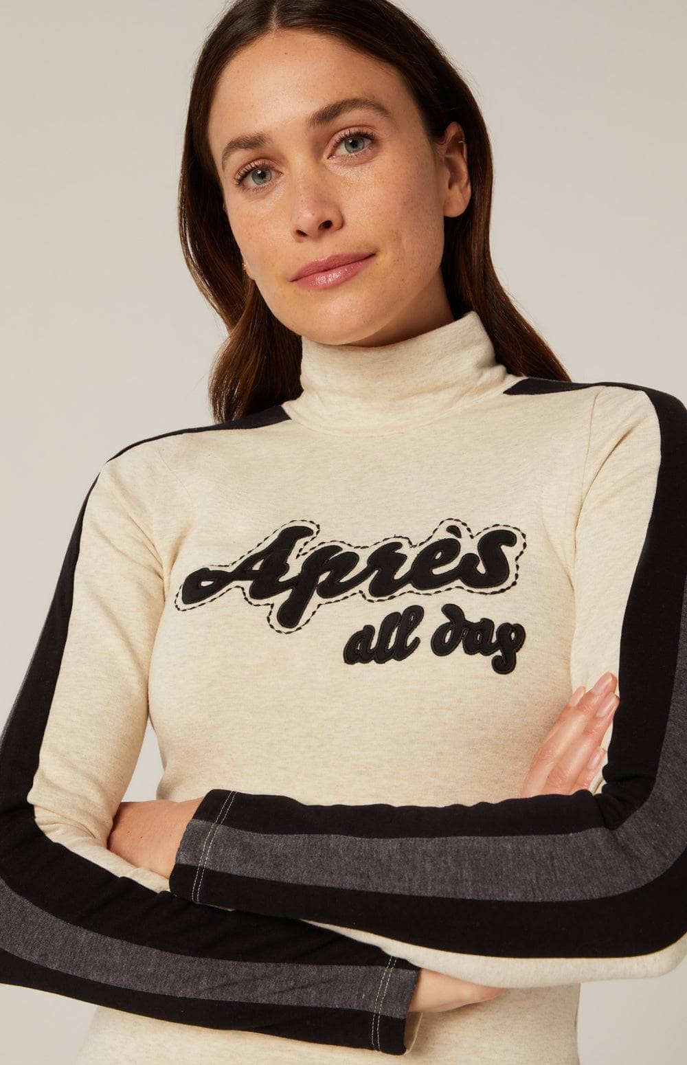 Apres All Day Mock Neck Sweater by Alp N Rock, Women's Ivory Ski Sweater With Black Stripes