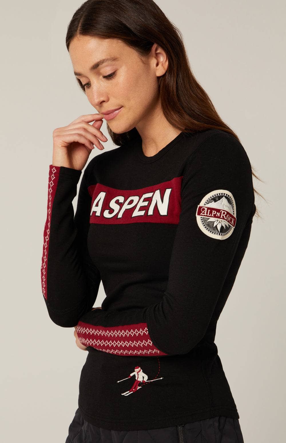 Aspen Ski Crewneck Top by Alp N Rock, Women's Black Long Sleeve Shirt with Aspen on Chest and Embroidered Skiers on Back