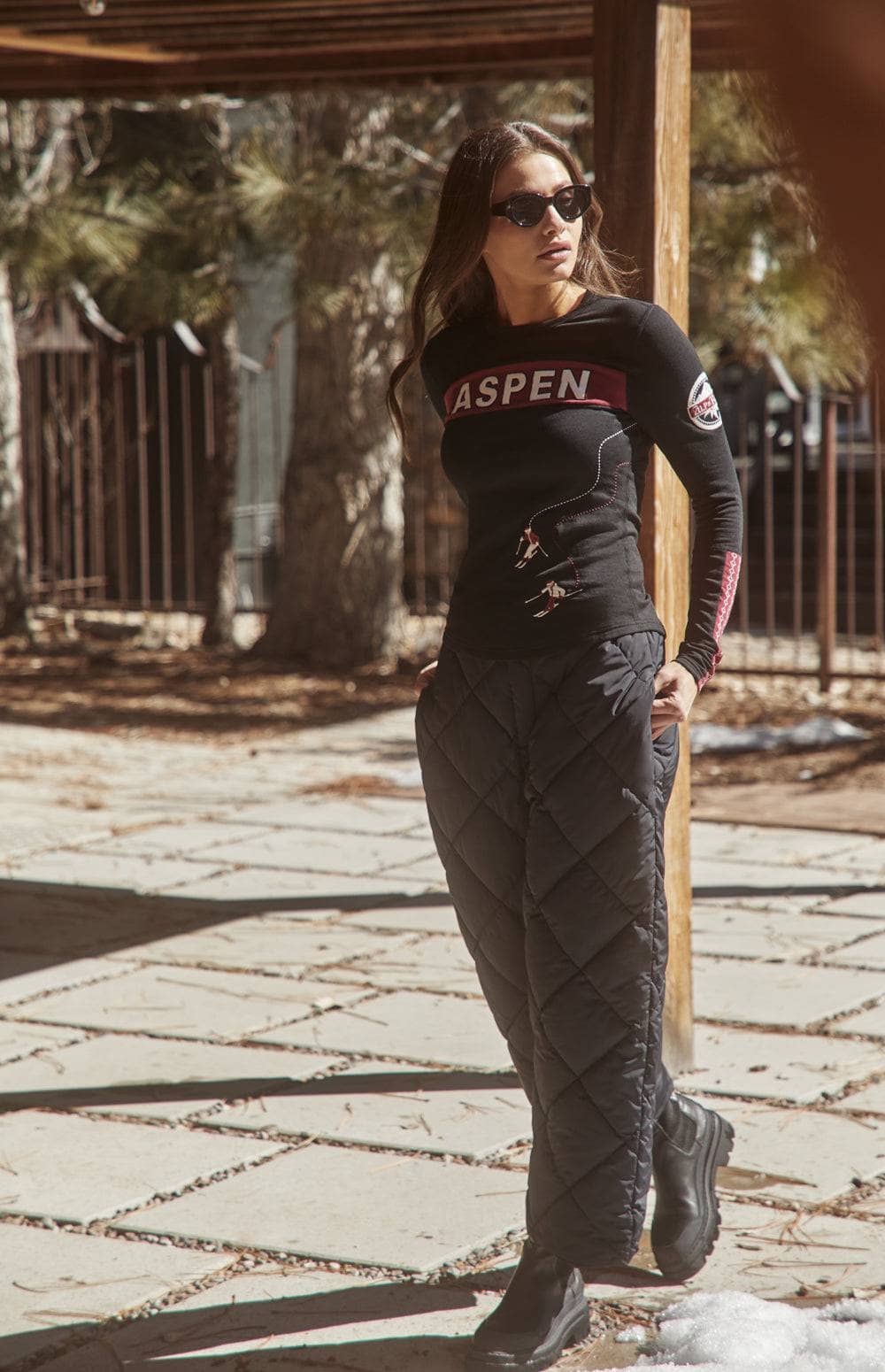 Aspen Ski Crewneck Top by Alp N Rock, Women's Black Long Sleeve Shirt with Aspen on Chest and Embroidered Skiers on Back