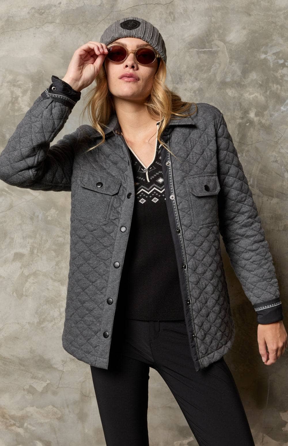 Cambria Shirt Jacket by Alp N Rock, Women's Heather Grey Shirt Jacket with Quilting and Patch Pockets