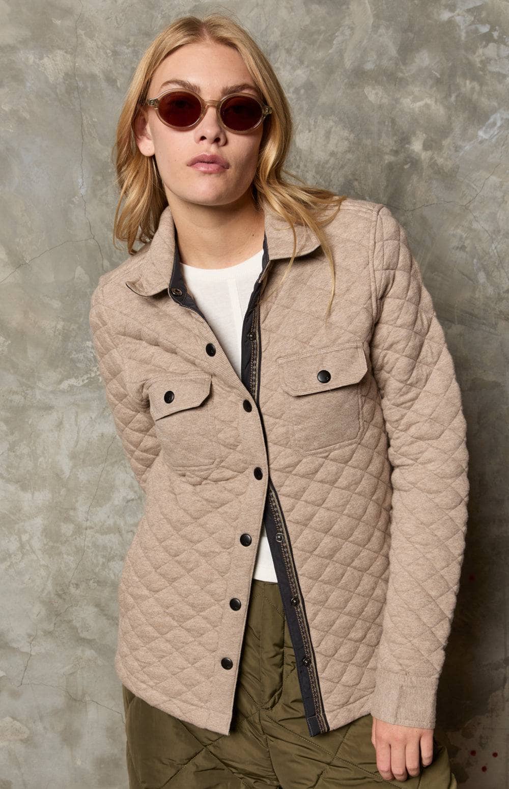 Cambria Shirt Jacket by Alp N Rock, Women's Heather Beige Shirt Jacket with Quilting and Patch Pockets