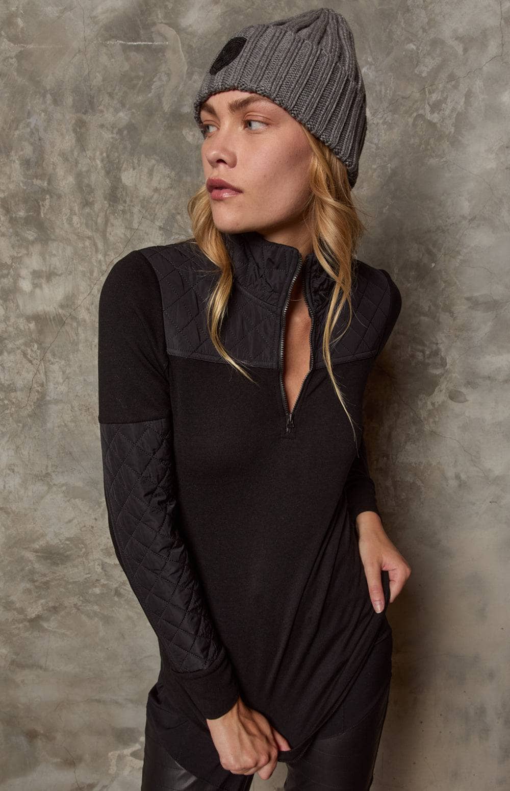 Cody Top by Alp N Rock, Women's Black Long Sleeve Top with Half Zip and Black Quilting at the Shoulders