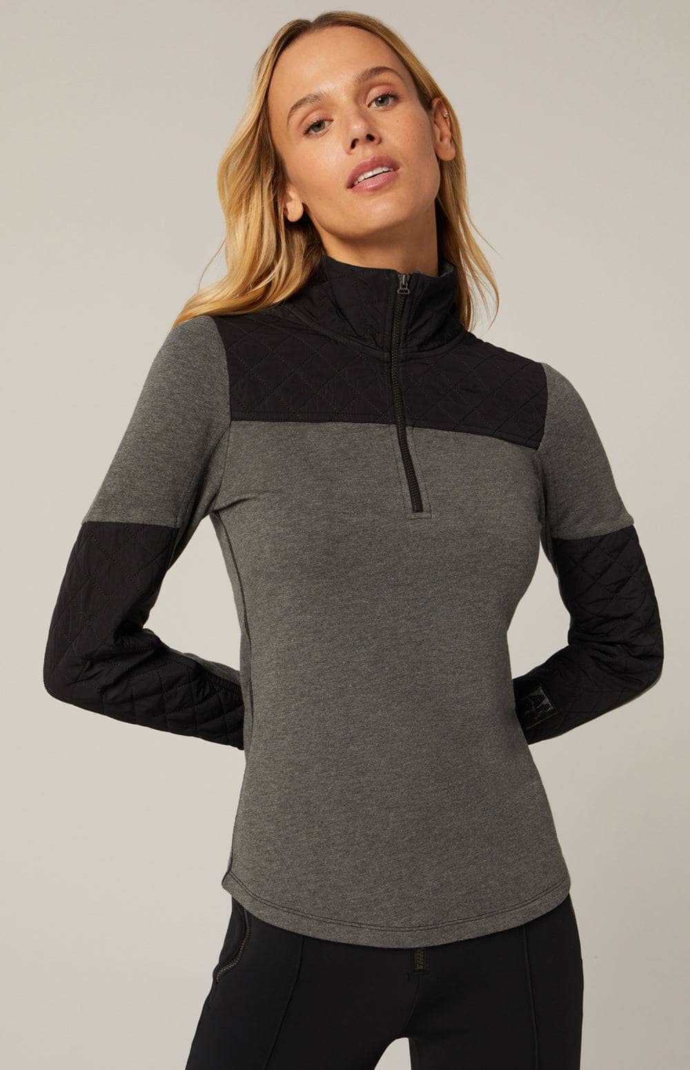 Dakota Crew by Alp N Rock, Women's Grey Long Sleeve Top with Crew Neck and Black Quilting at the Shoulders and Sleeves