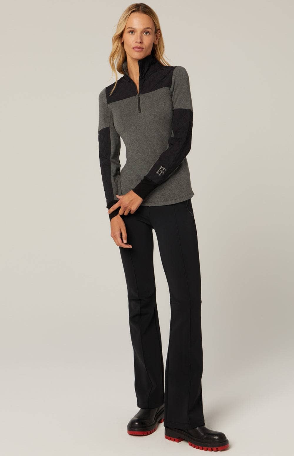 Dakota Crew by Alp N Rock, Women's Grey Long Sleeve Top with Crew Neck and Black Quilting at the Shoulders and Sleeves