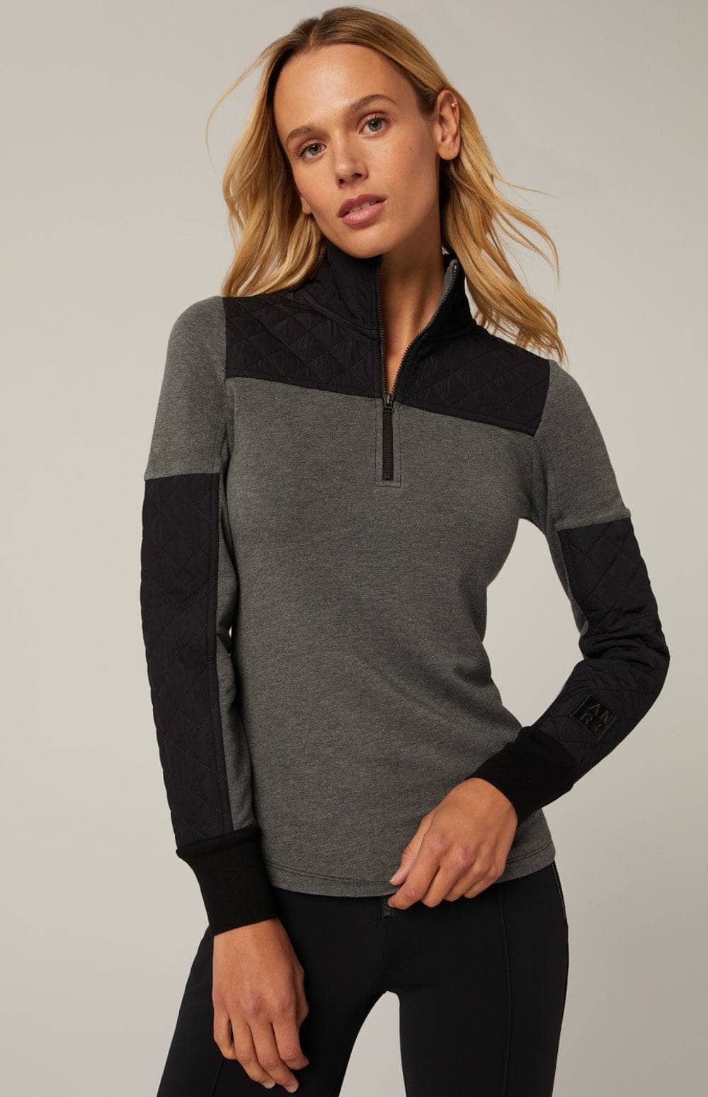 Dakota Crew by Alp N Rock, Women's Grey Long Sleeve Top with Crew Neck and Black Quilting at the Shoulders and Sleeves