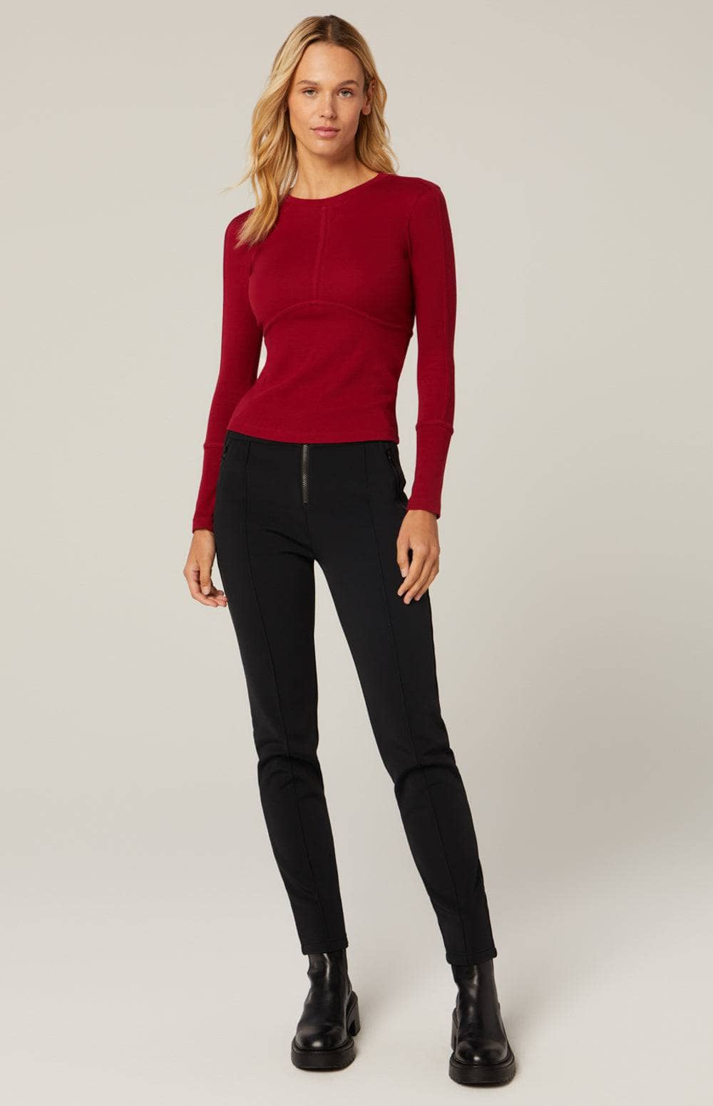 Delaney Knit Top by Alp N Rock, Women's Red Knit Long Sleeve Top with Stitch Detailing at the Chest and Arms