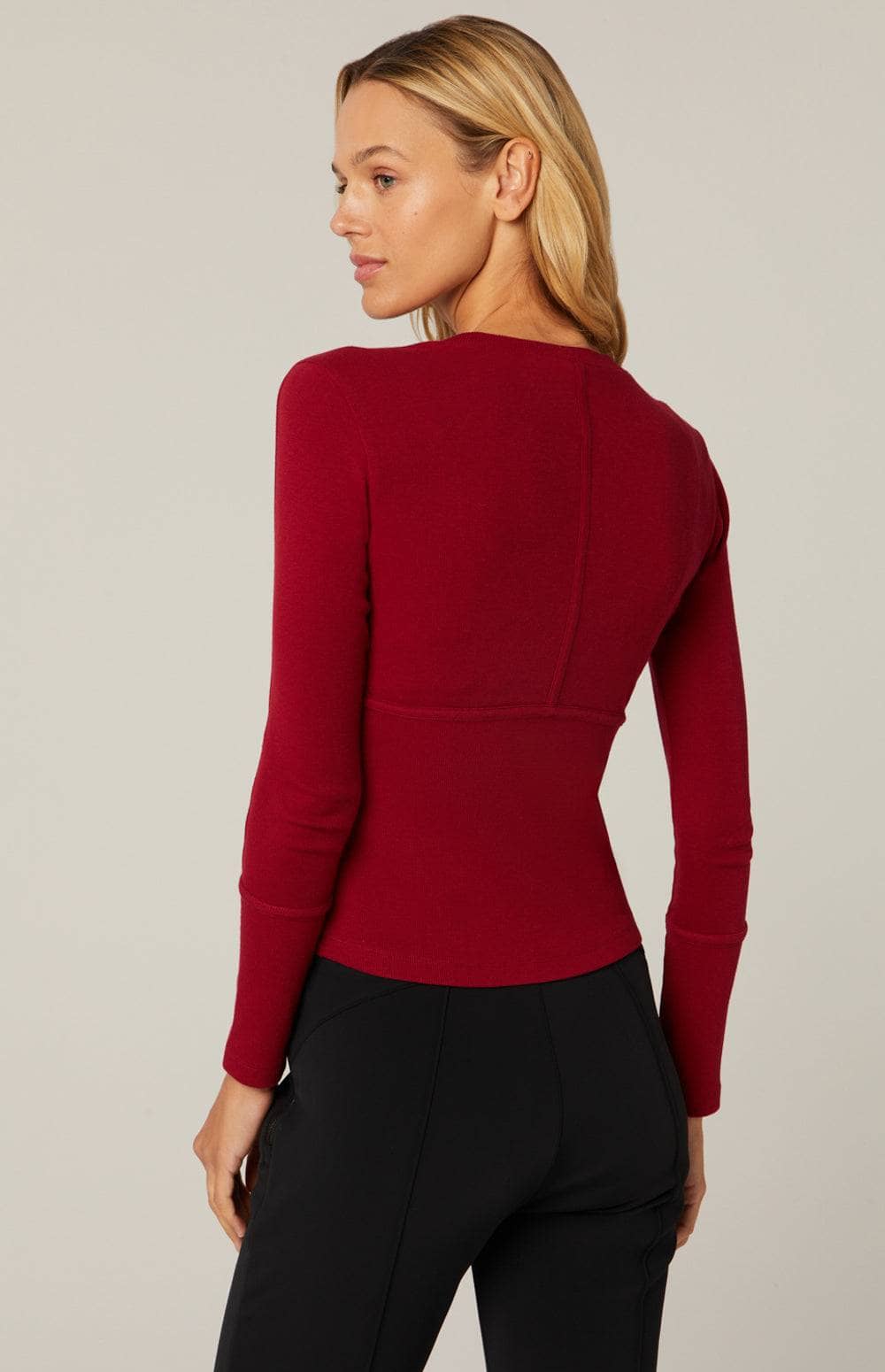 Delaney Knit Top by Alp N Rock, Women's Red Knit Long Sleeve Top with Stitch Detailing at the Chest and Arms