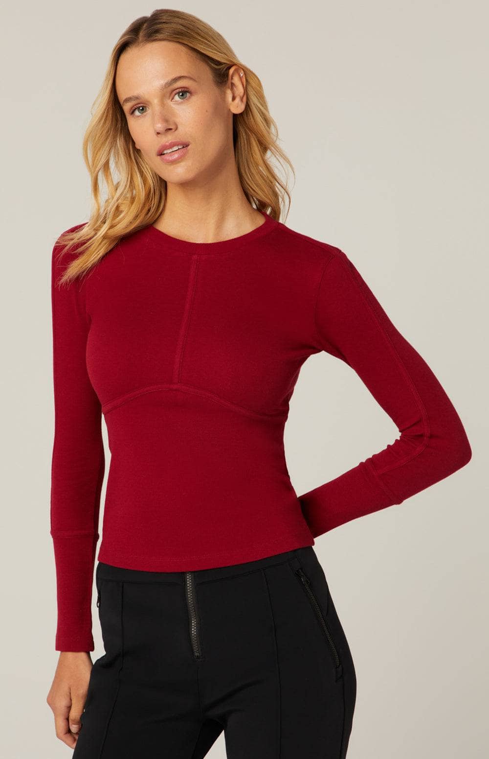 Delaney Knit Top by Alp N Rock, Women's Red Knit Long Sleeve Top with Stitch Detailing at the Chest and Arms