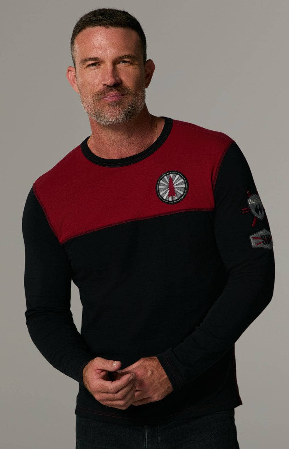 Double Diamond Crew by Alp N Rock, Men's Ski Black Crewneck Shirt with Red Chest Panel and Ski Patches