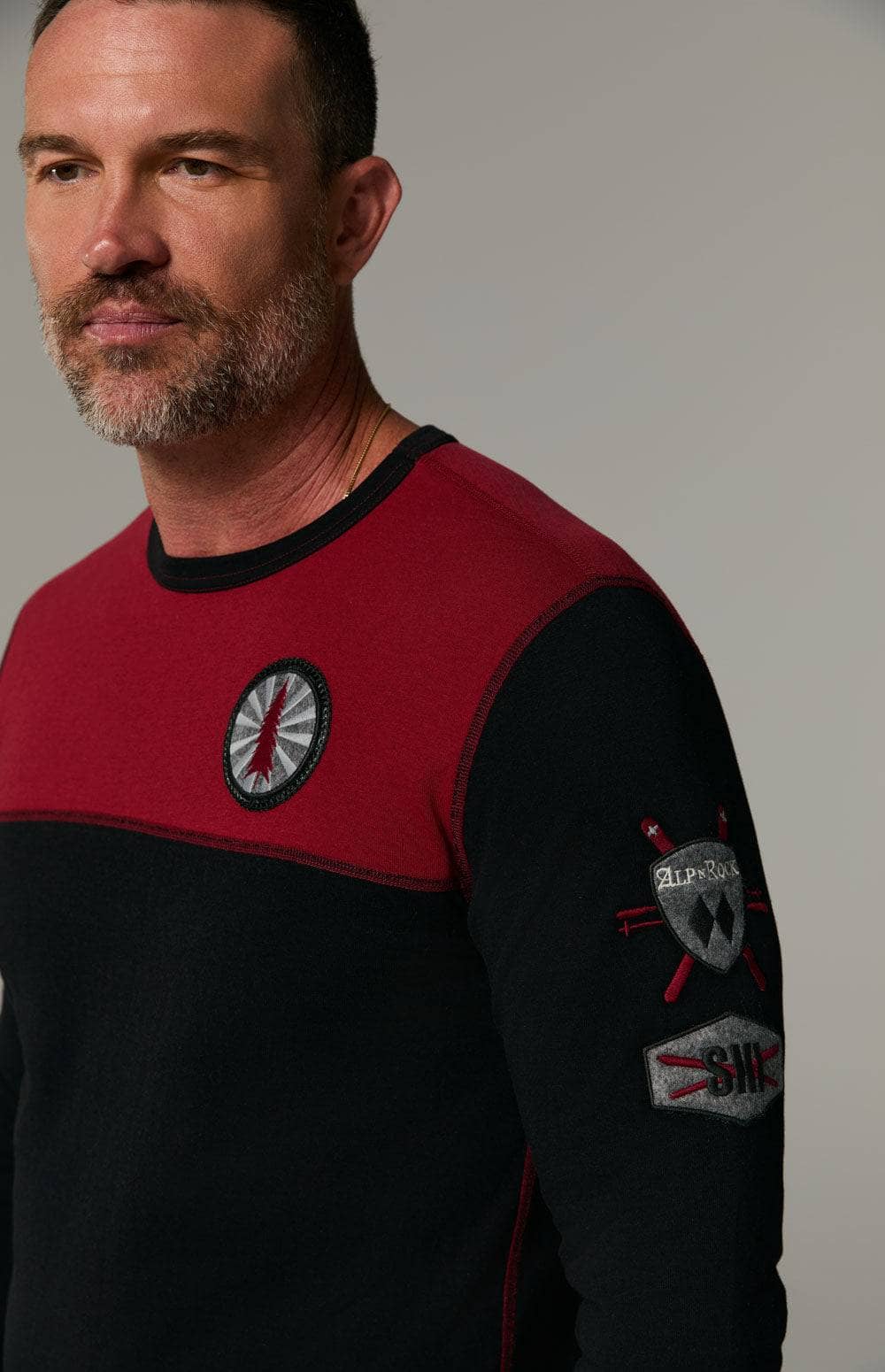 Double Diamond Crew by Alp N Rock, Men's Ski Black Crewneck Shirt with Red Chest Panel and Ski Patches