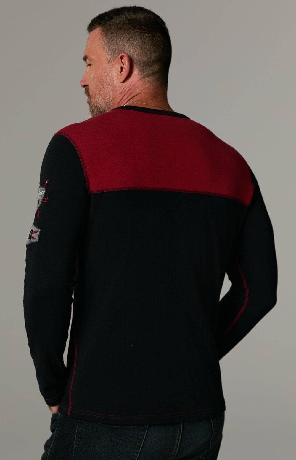 Double Diamond Crew by Alp N Rock, Men's Ski Black Crewneck Shirt with Red Chest Panel and Ski Patches