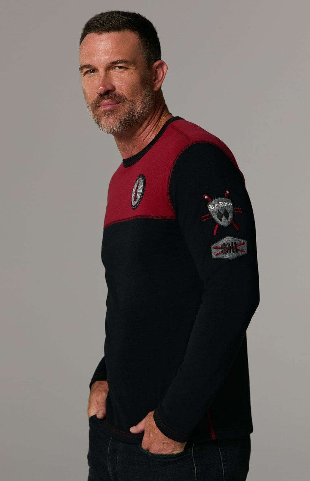 Double Diamond Crew by Alp N Rock, Men's Ski Black Crewneck Shirt with Red Chest Panel and Ski Patches