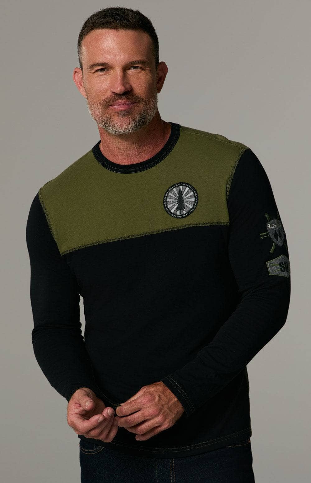 Double Diamond Crew by Alp N Rock, Men's Ski Black Crewneck Shirt with Green Chest Panel and Ski Patches