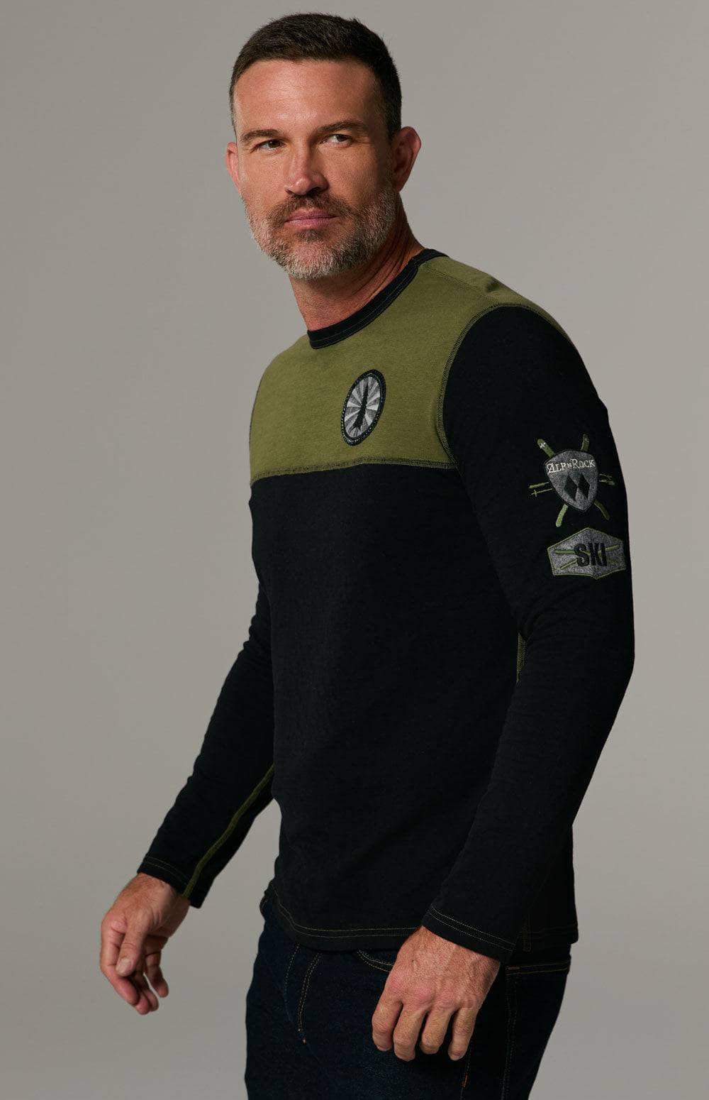 Double Diamond Crew by Alp N Rock, Men's Ski Black Crewneck Shirt with Green Chest Panel and Ski Patches