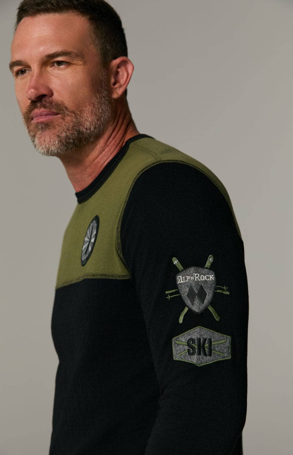 Double Diamond Crew by Alp N Rock, Men's Ski Black Crewneck Shirt with Green Chest Panel and Ski Patches