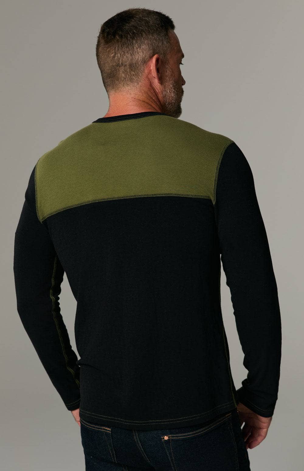 Double Diamond Crew by Alp N Rock, Men's Ski Black Crewneck Shirt with Green Chest Panel and Ski Patches