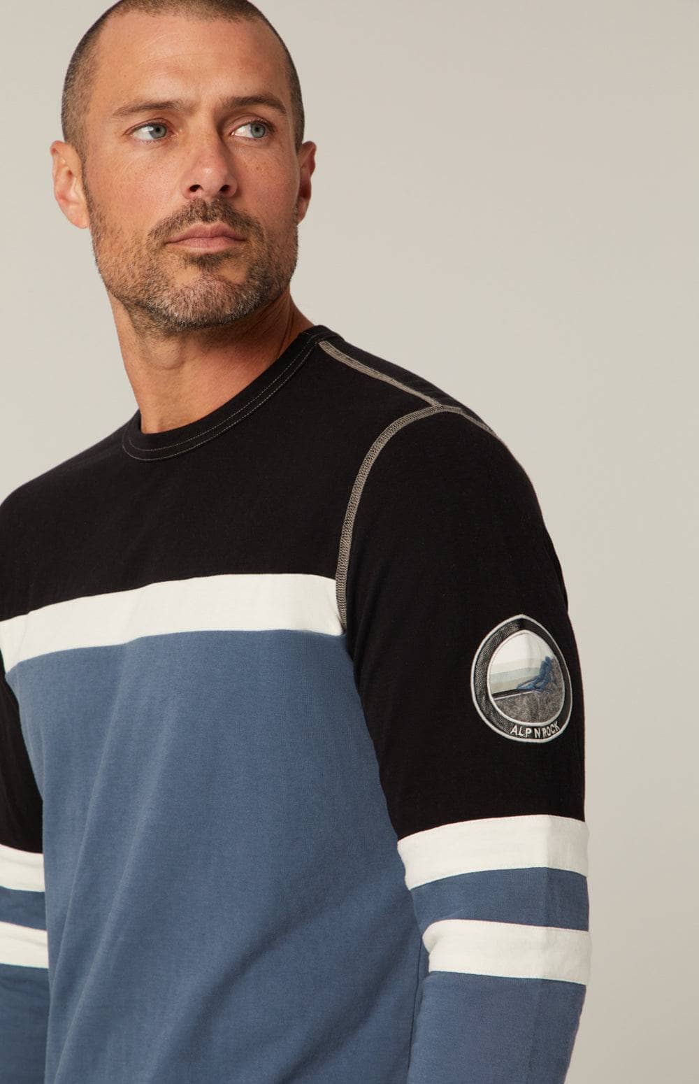 Downhill Crew by Alp N Rock, Men's Slate Blue Ski Crewneck Shirt with Black and White Stripes and Ski Patches