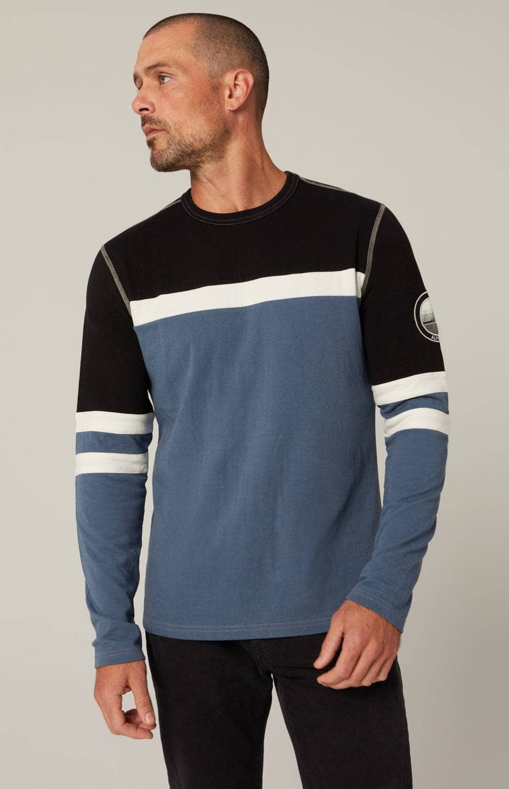 Downhill Crew by Alp N Rock, Men's Slate Blue Ski Crewneck Shirt with Black and White Stripes and Ski Patches