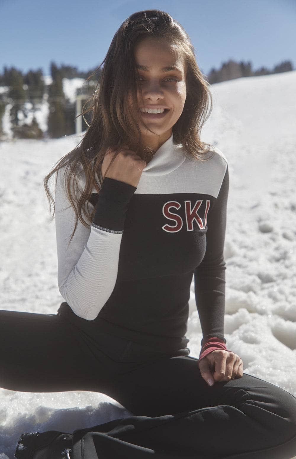 Fallon Mockneck Top by Alp N Rock, Black and Off White Women's Ski Top With Ski Lettering On Front