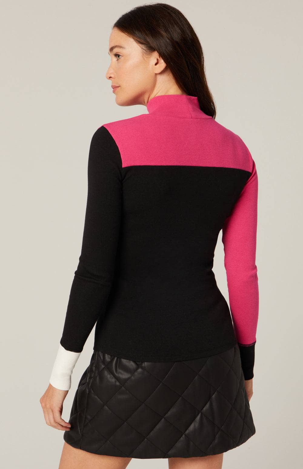 Fallon Mockneck Top by Alp N Rock, Black and Bright Pink Women's Top With Ski On The Front