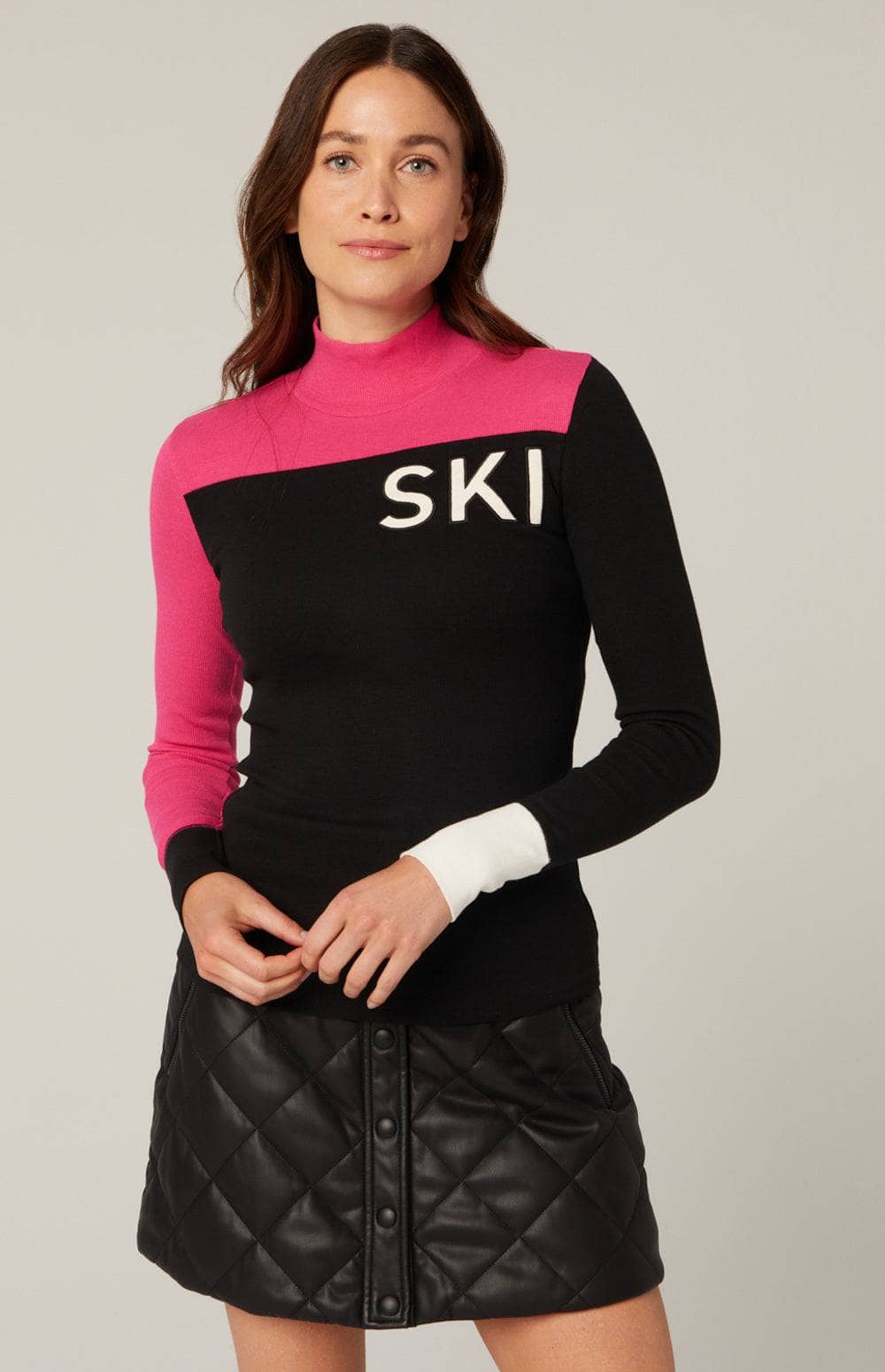 Fallon Mockneck Top by Alp N Rock, Black and Bright Pink Women's Top With Ski On The Front