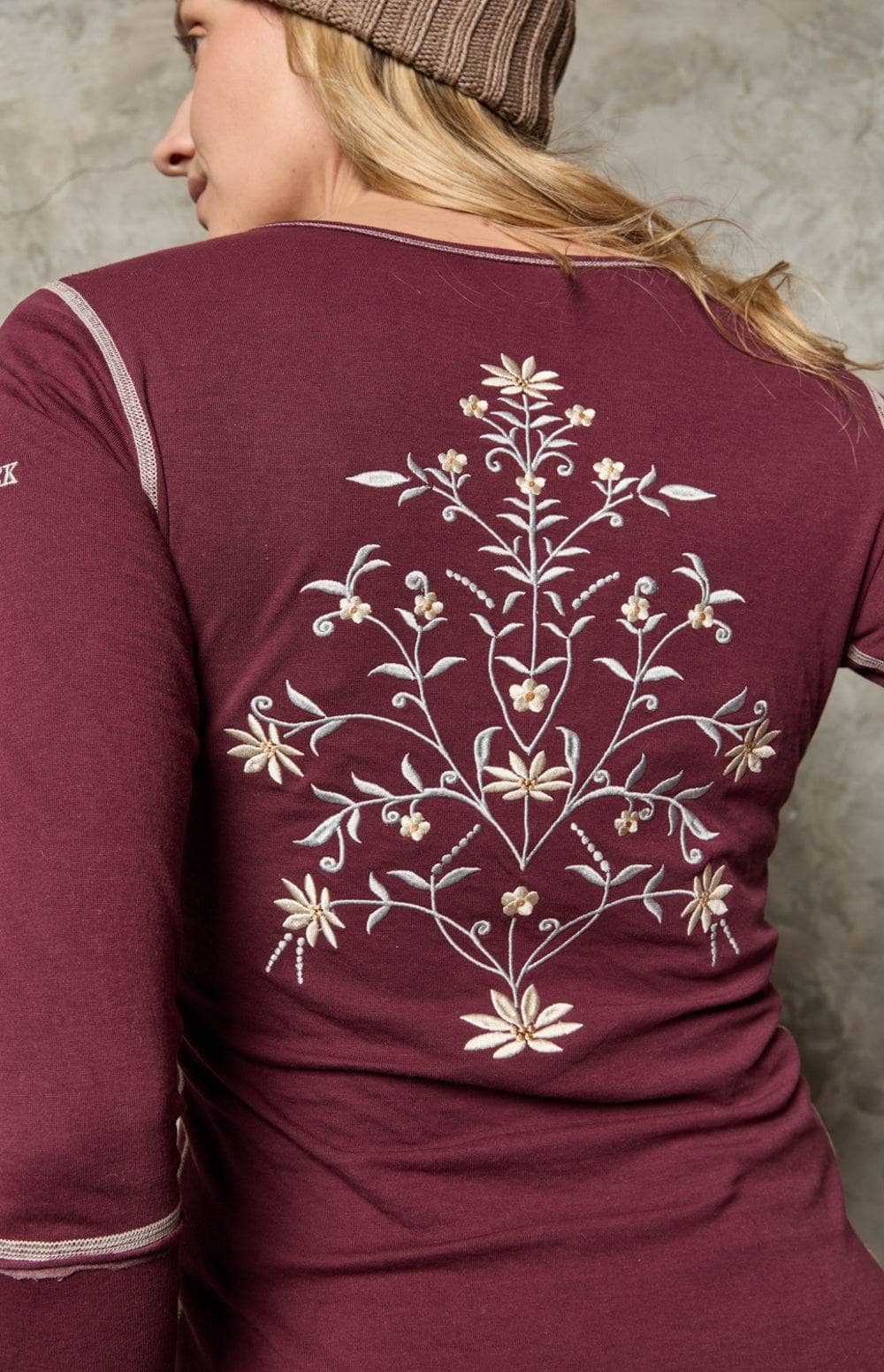 Flora Henley Shirt by Alp N Rock, Women's Burgundy Henley Shirt With Embroidery Floral Design