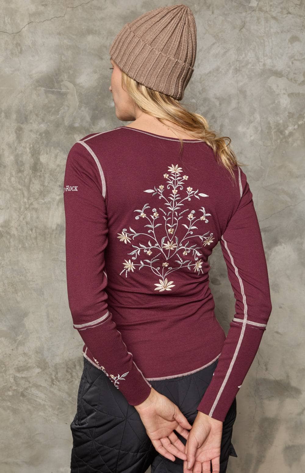 Flora Henley Shirt by Alp N Rock, Women's Burgundy Henley Shirt With Embroidery Floral Design