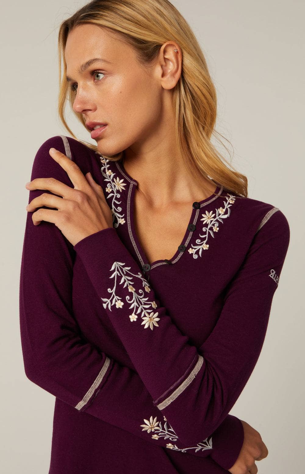 Flora Henley Shirt by Alp N Rock, Women's Purple Henley Shirt with Embroidered Flowers at Neck and Wrist