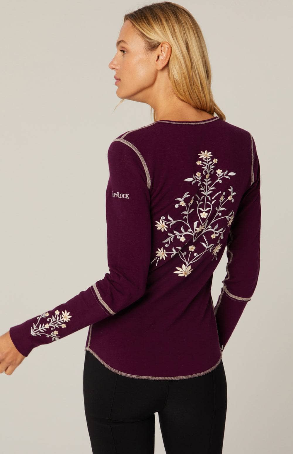 Flora Henley Shirt by Alp N Rock, Women's Purple Henley Shirt with Embroidered Flowers at Neck and Wrist