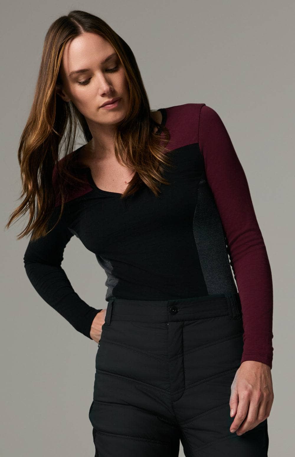 Gemma Henley Shirt by Alp N Rock, Women's Burgundy Long Sleeve Henley Shirt with Black and Grey Colorblocked Sleeves