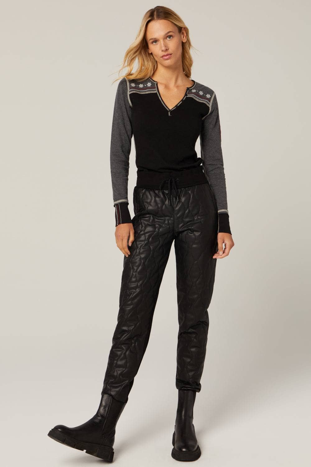 Gigi Henley by Alp N Rock, Women's Black Henley Shirt with Grey Sleeves and Embroidered Ski Design on Back