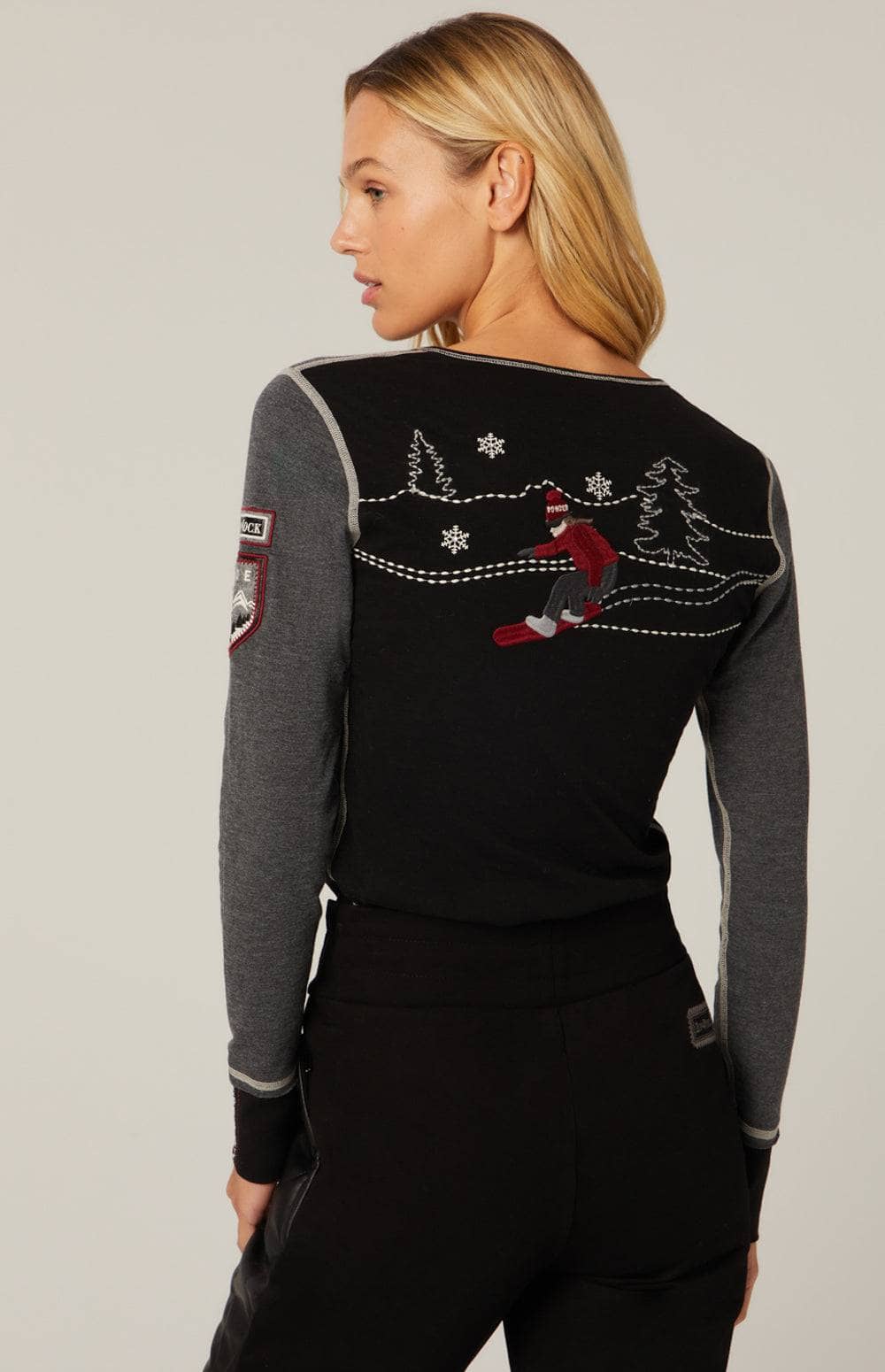 Gigi Henley by Alp N Rock, Women's Black Henley Shirt with Grey Sleeves and Embroidered Ski Design on Back