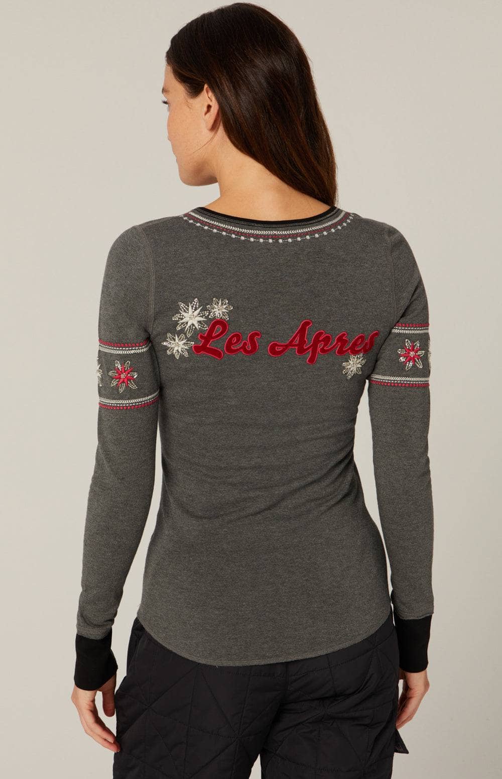 Les Apres Henley Shirt by Alp N Rock, Women's Grey Long Sleeve Shirt with Embroidered Snowflakes and Les Apres Lettering on Back