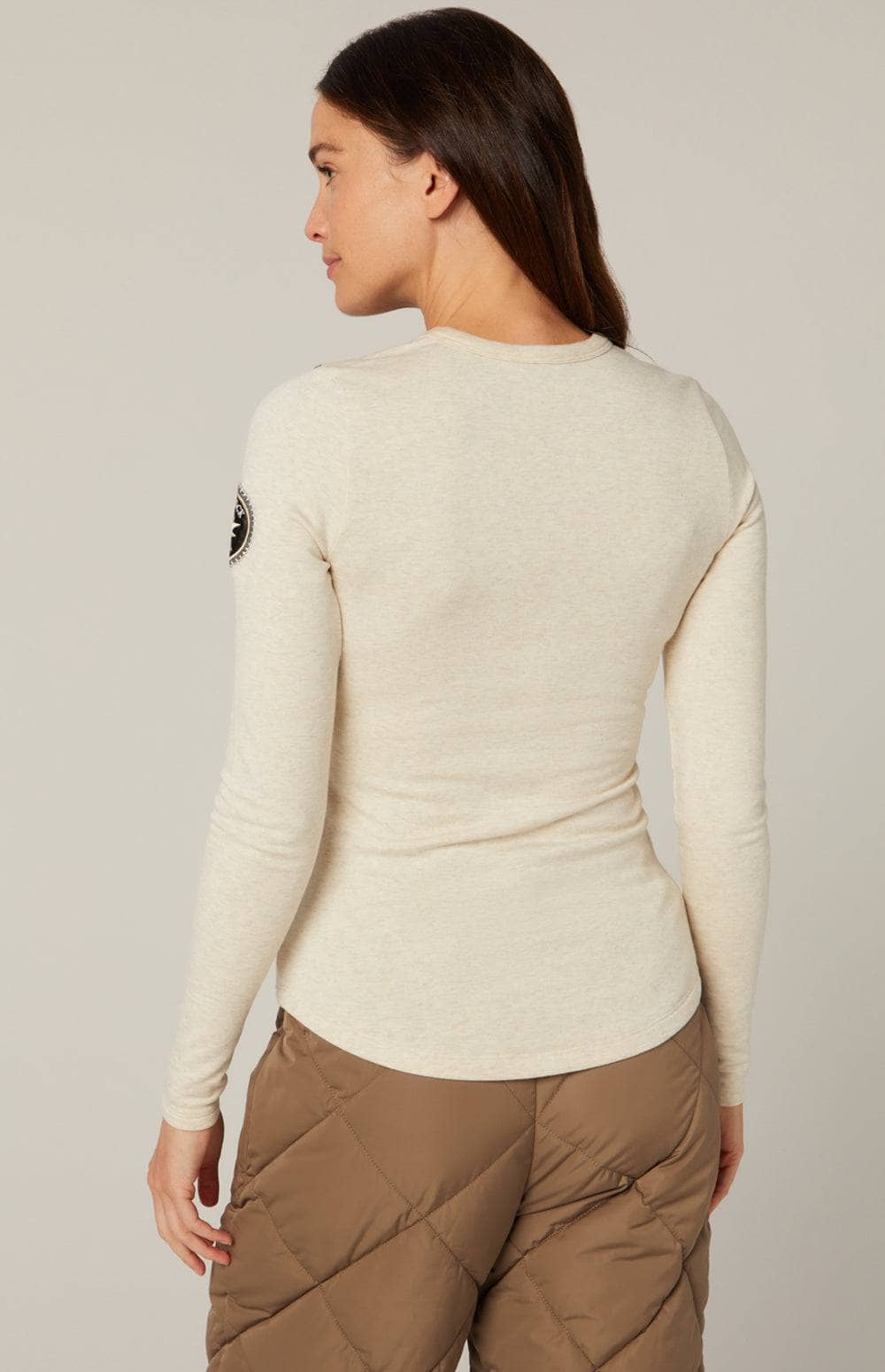 Lyanna Crew by Alp N Rock, Women's Ivory Ski Crewneck Top with Grey Chest, Embroidered Snowflake and Patch