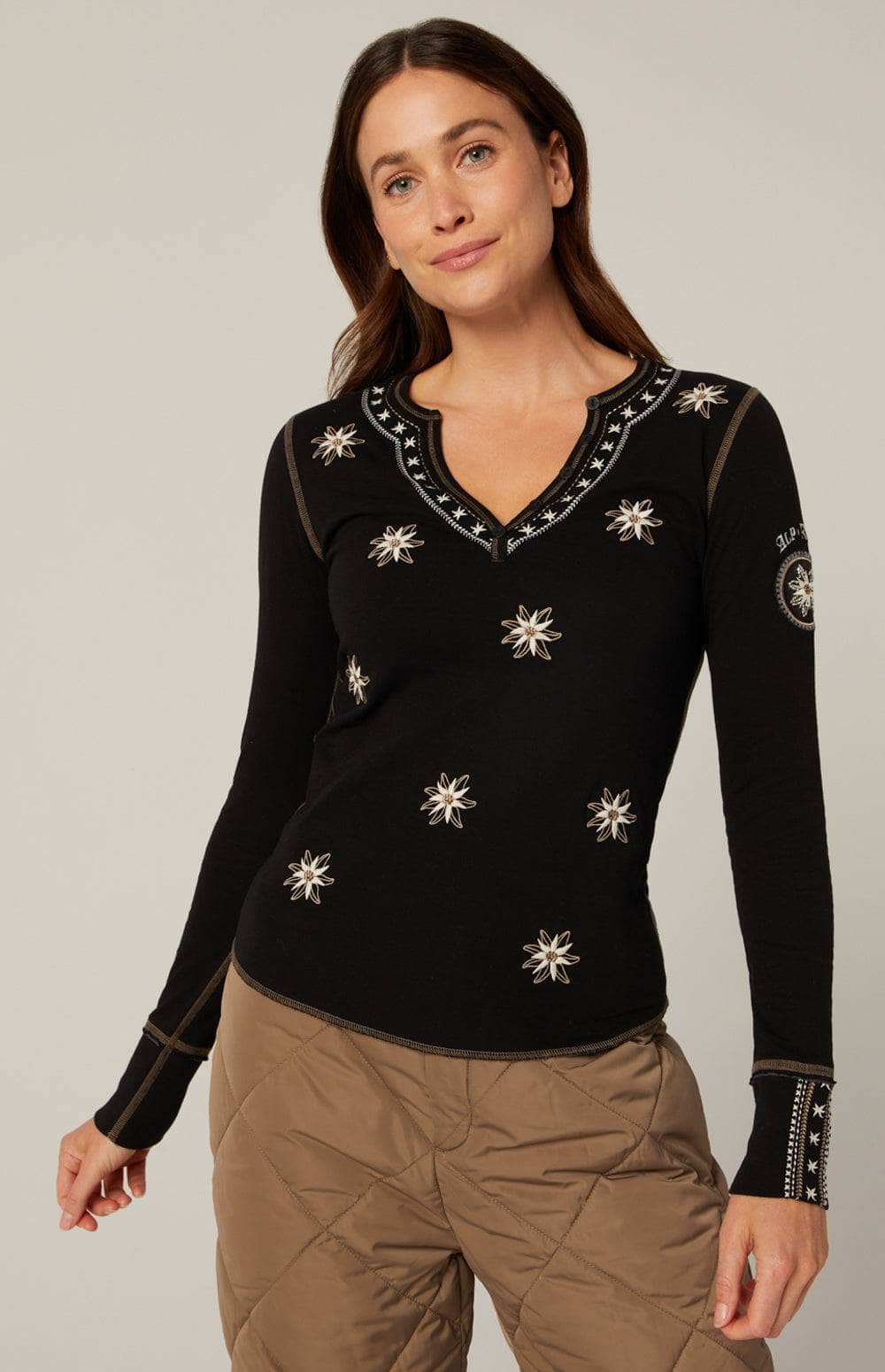 Natasha Henley Shirt by Alp N Rock, Women's Black Henley Shirt with Embroidered Flowers at the Neck, Bodice, and Sleeves