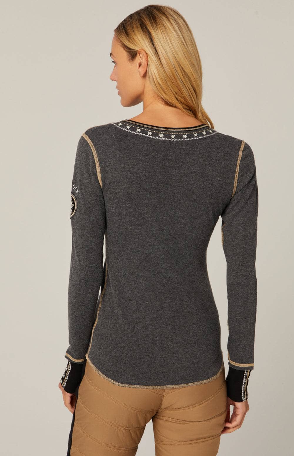 Natasha Henley Shirt by Alp N Rock, Women's Grey Henley Shirt with Embroidered Flowers at the Neck, Bodice, and Sleeves