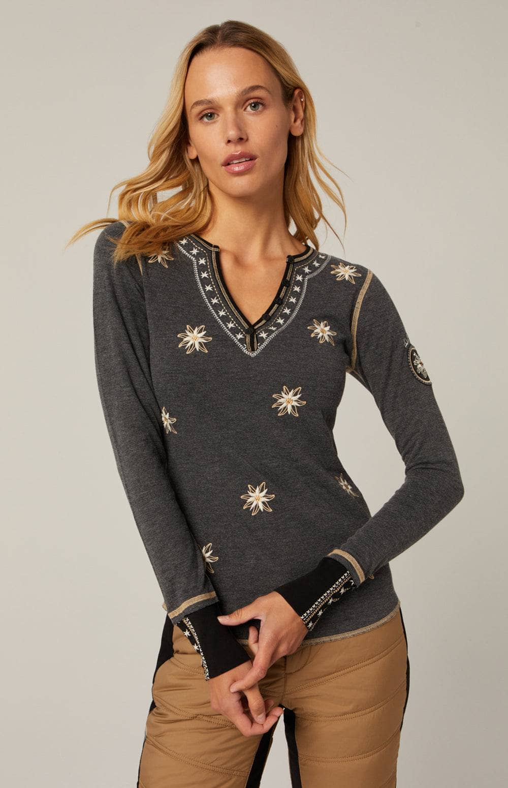 Natasha Henley Shirt by Alp N Rock, Women's Grey Henley Shirt with Embroidered Flowers at the Neck, Bodice, and Sleeves