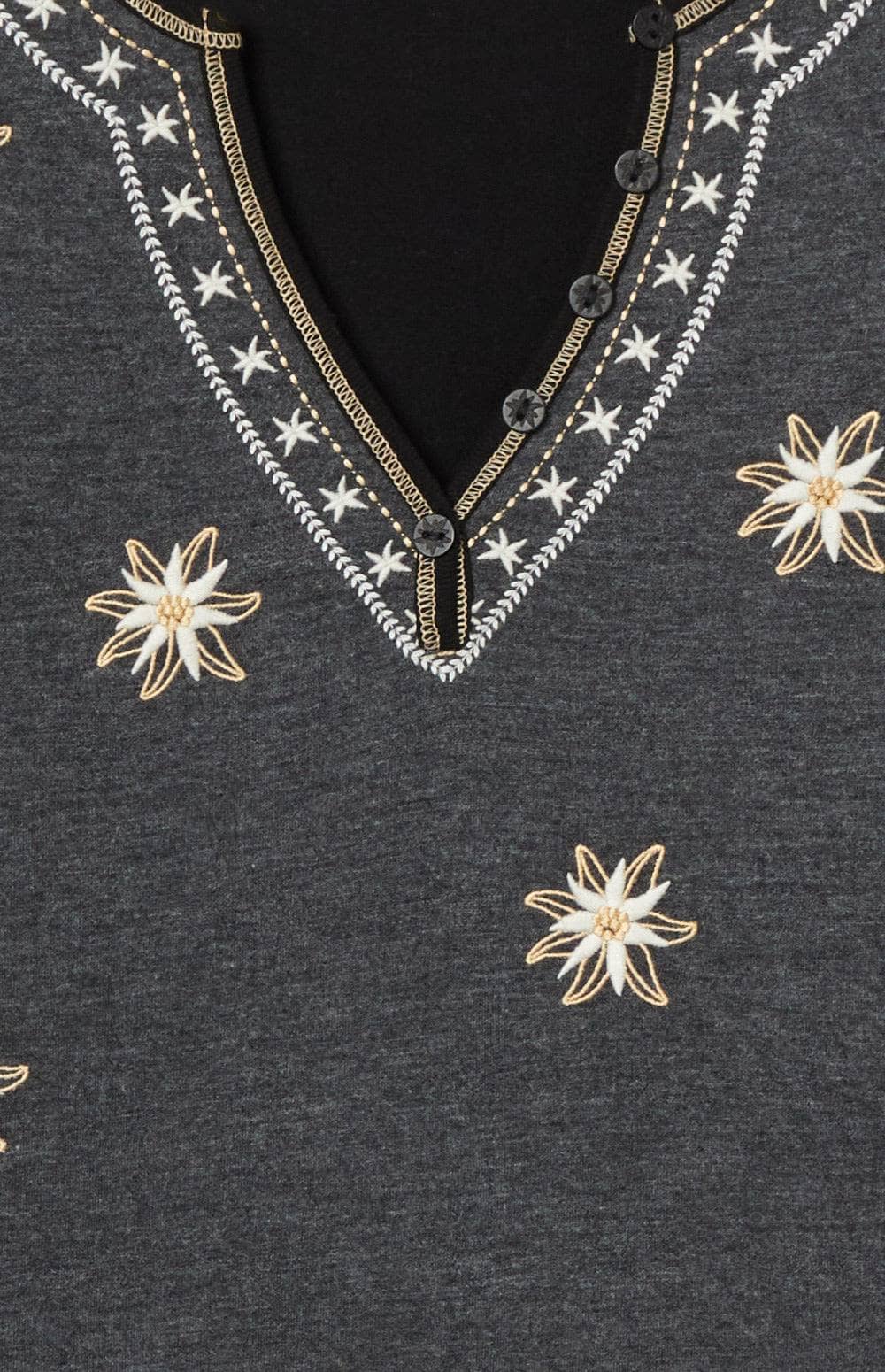 Natasha Henley Shirt by Alp N Rock, Women's Grey Henley Shirt with Embroidered Flowers at the Neck, Bodice, and Sleeves