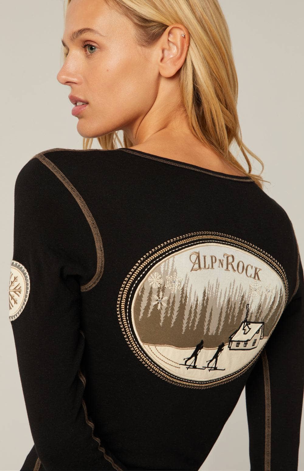 Nelia Henley Shirt by Alp N Rock, Women's Black Ski Henley Shirt with Embroidered Details at the Neck and Sleeves