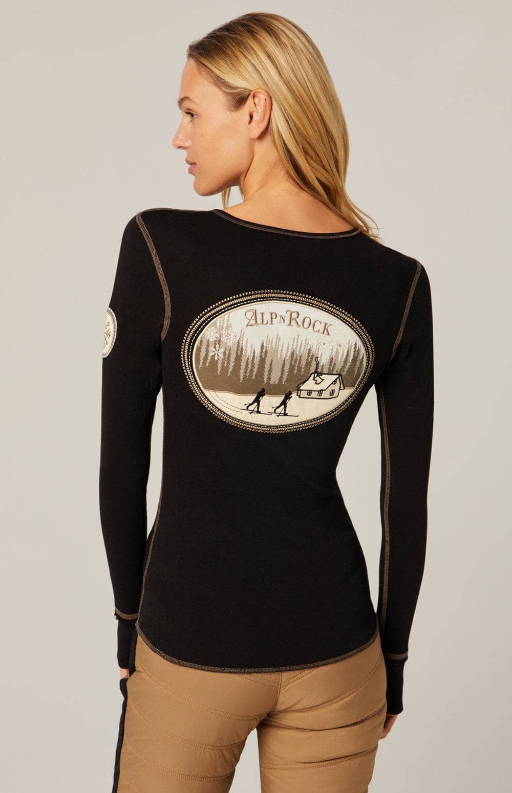 Nelia Henley Shirt by Alp N Rock, Women's Black Ski Henley Shirt with Embroidered Details at the Neck and Sleeves