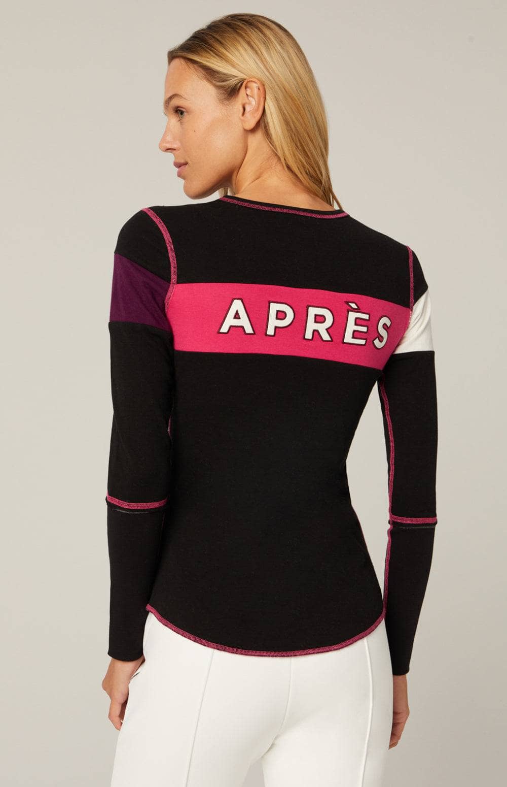 Retro Apres Crew by Alp N Rock, Women's Black Apres Ski Long Sleeve Shirt with Ski Lettering on Chest and Embroidered Skiers