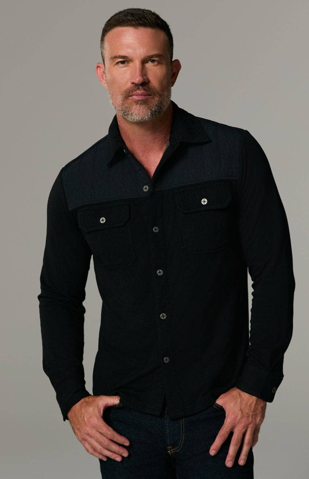 Roger Button Down by Alp N Rock, Men's Black Button Down Shirt With Patch Pockets and Black Accents at the Chest