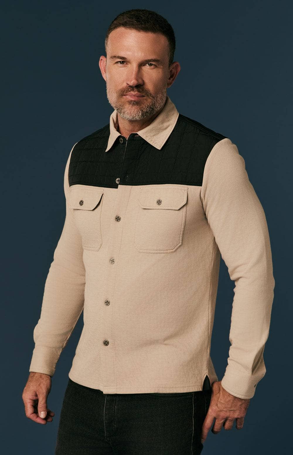 Roger Button Down by Alp N Rock, Men's Light Colored Button Down Shirt With Patch Pockets and Black Accents at the Chest