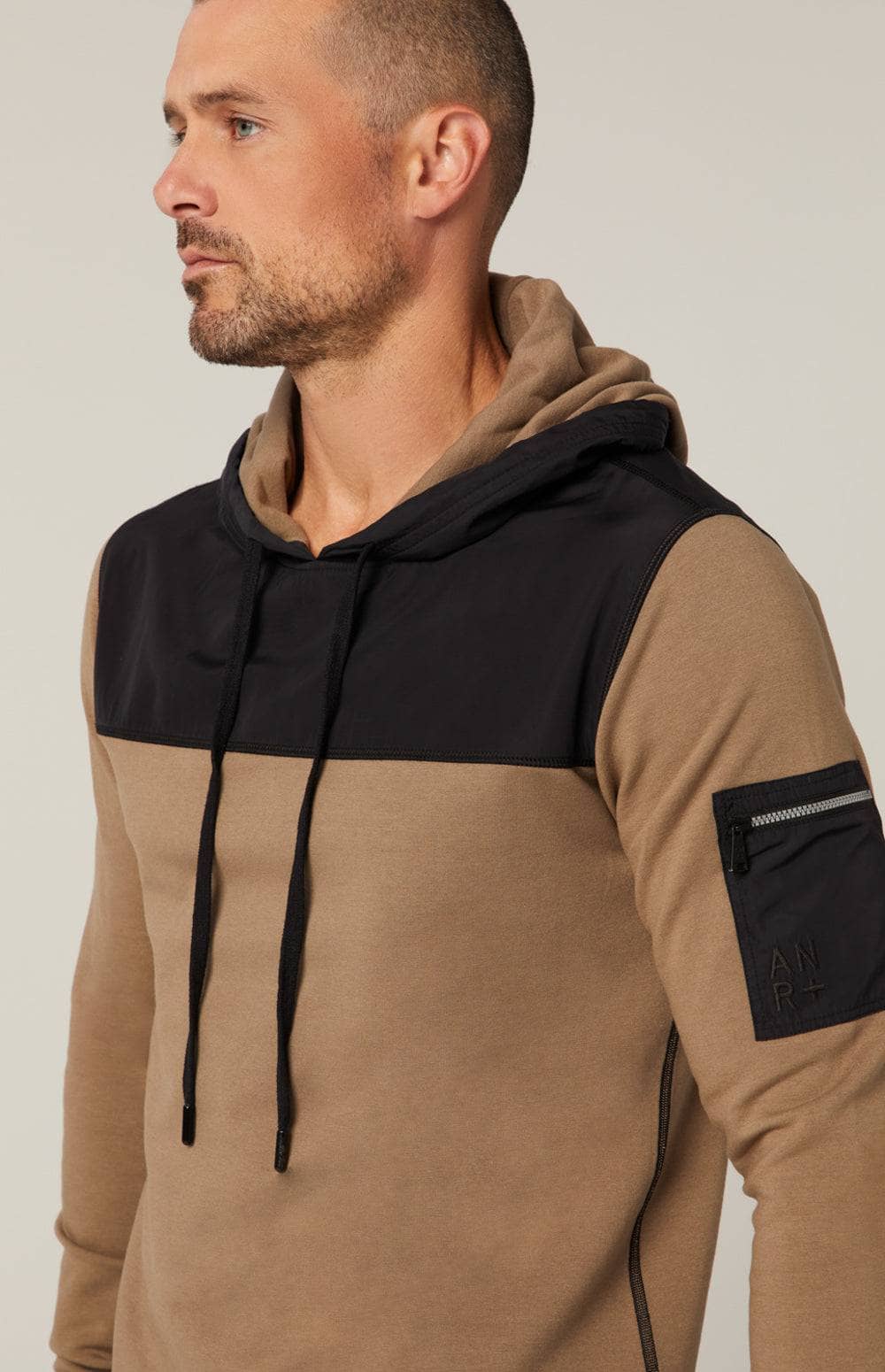 Rowan Ii Hoodie by Alp N Rock, Men's Tan Hoodie With Black Accents at the Hood, Chest and Pocket